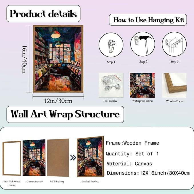Vintage Album Record Wall Art Retro Album Cover Record Store Wall Painting Decor Modern Trendy Music Poster Canvas Prints for Living Room Bedroom Dorm 12x16 inch Wood Framed
