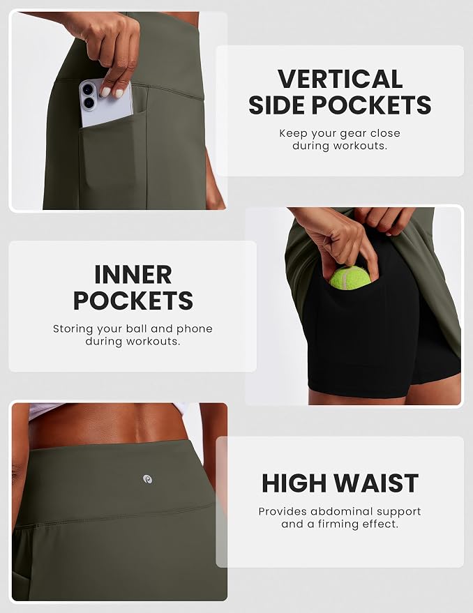 PINSPARK 19" Knee Length Skorts for Woman with Pockets UPF 50+ Golf Skirts | 4 Pockets, Built-in Shorts, High Waisted & Tummy Control, Moisture-wicking for Golf Athletic Tennis Workout Casual
