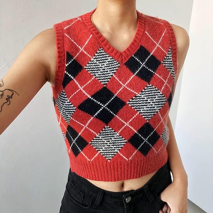 Women's Sweater Vest,Y2K Sleeveless Pattern Preppy Style Knitted Crop Tank Top for Girl