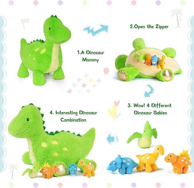 Tezituor Cute Dinosaur Stuffed Animal with 4 Baby,Dinosaurs Plush Toys,Large Dino for Girls Boys Kids (Dinosaur with 4 Babies)