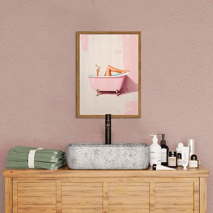 Funny Pink Girl Bathroom Wall Art, Cute Girly Bathtub Wall Decor Painting Trendy Pastel Woman and Martini Bathroom Poster Canvas Print Artwork 12x16 inch Framed