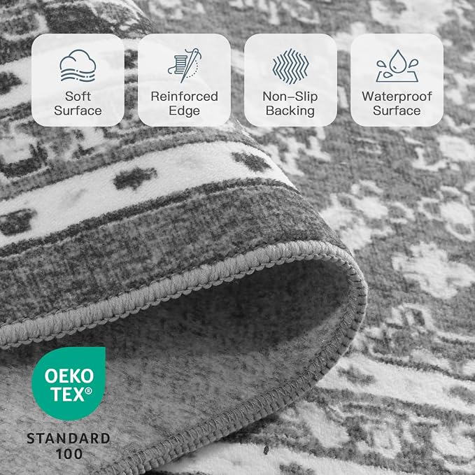 5x7 Area Rugs for Living Room, Washable Non-Slip Rug, Oriental Light Grey | Area Rugs for Bedroom, Low Pile Area Rug for Kitchen, Dining Room, Home Office, Vintage Oriental Print Rug