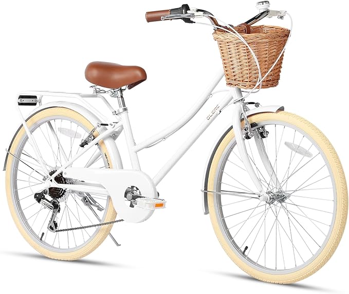 Glerc 20 24 26 Inch Beach Cruiser Bike, 6-Speed Hybrid City Bicycle for Girls Youth and Over 6 Years Old, Missy Bike with Wicker Basket & Lightweight, Multiple Colors