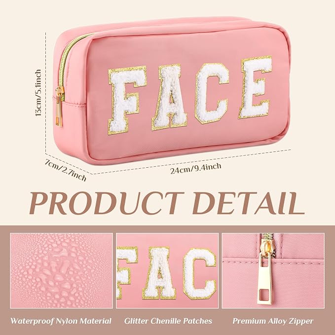 Preppy Makeup Bags Chenille Letter Stuff Bag Nylon Cosmetic Pouch Cases with Zipper for Women Travel Toiletry(Cute Color,Classic,4 Pcs)