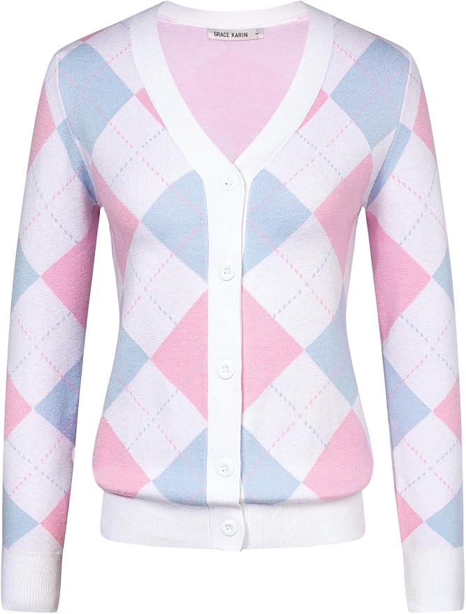 GRACE KARIN Womens Cardigan Sweater Fall Fashion Argyle Sweater Button Up Cardigan Teacher Outfits Preppy Clothes