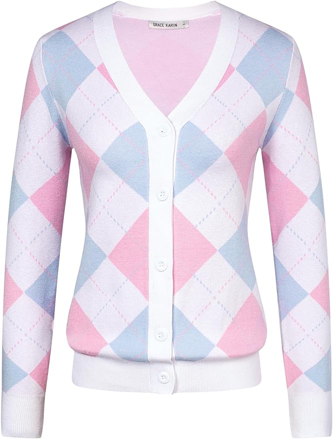 GRACE KARIN Womens Cardigan Sweater Fall Fashion Argyle Sweater Button Up Cardigan Teacher Outfits Preppy Clothes