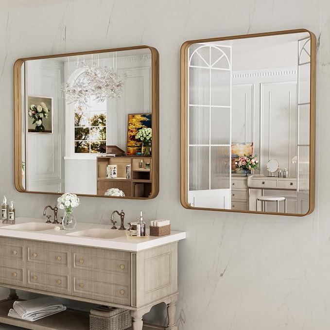 LOAAO 40X36 Inch Bathroom Mirror with Wood Grain Colored Metal Frame, Rounded Rectangle Metal Framed Bathroom Mirror, Anti-Rust, Hangs Horizontally or Vertically, Tempered Glass | Rounded Rectangle Metal Framed, Anti-Rust, Hangs Horizontally or Vertica...