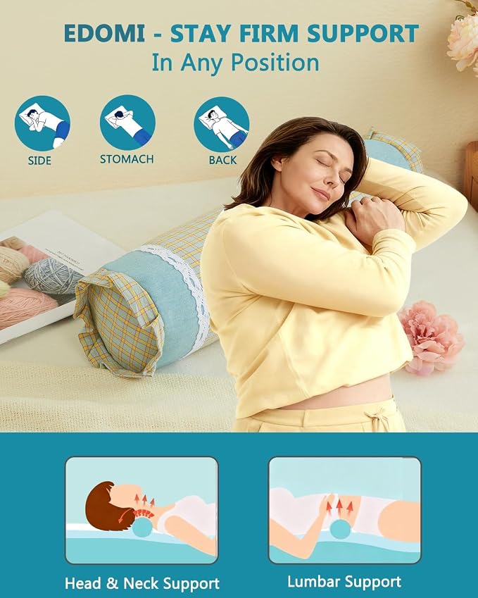 Buckwheat Cylinder Neck Pillow,15.7"x4.7" Adjustable Hull Filling for Cervical Support, Checkered Pattern Ergonomic Roll Pillow for Back/Side Sleepers, Removable Washable Cover,Blue