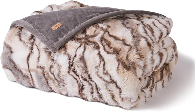 Faux Rabbit Fur Bubble Throw Blanket, 60"x80", Beige & Gray | Ultra Soft, Luxury Faux Rabbit Fur Throw, Thick Warm Bubble Blanket, Cozy Fluffy Reversible, for Bed, Couch, Chair, Sofa