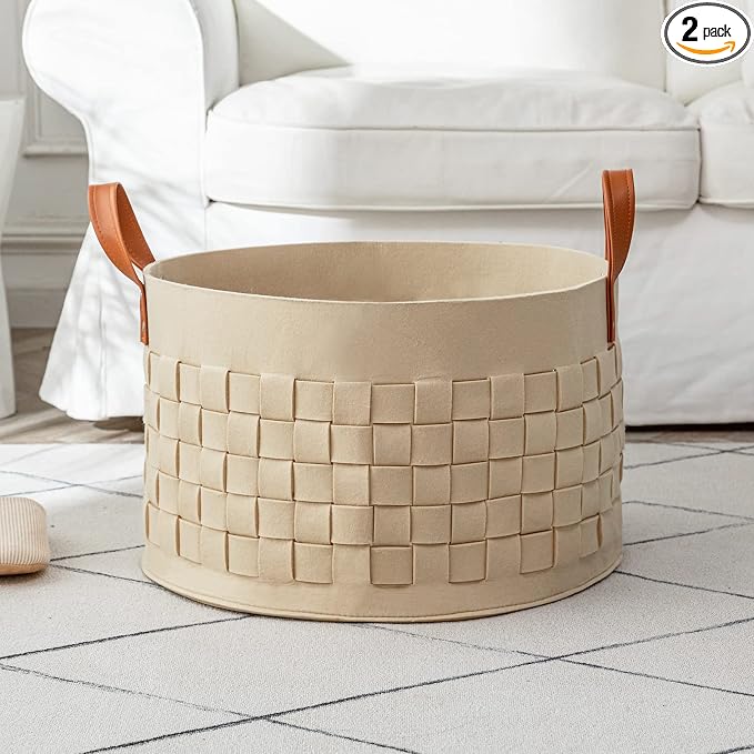 Blanket Basket, BOLDMONKEY 20"x 20"x13" XXLarge Woven Felt Laundry Baskets with Handle Nursery Storage Living Room Round for Toy, Clothes, Kids, Bedroom(Khaki)