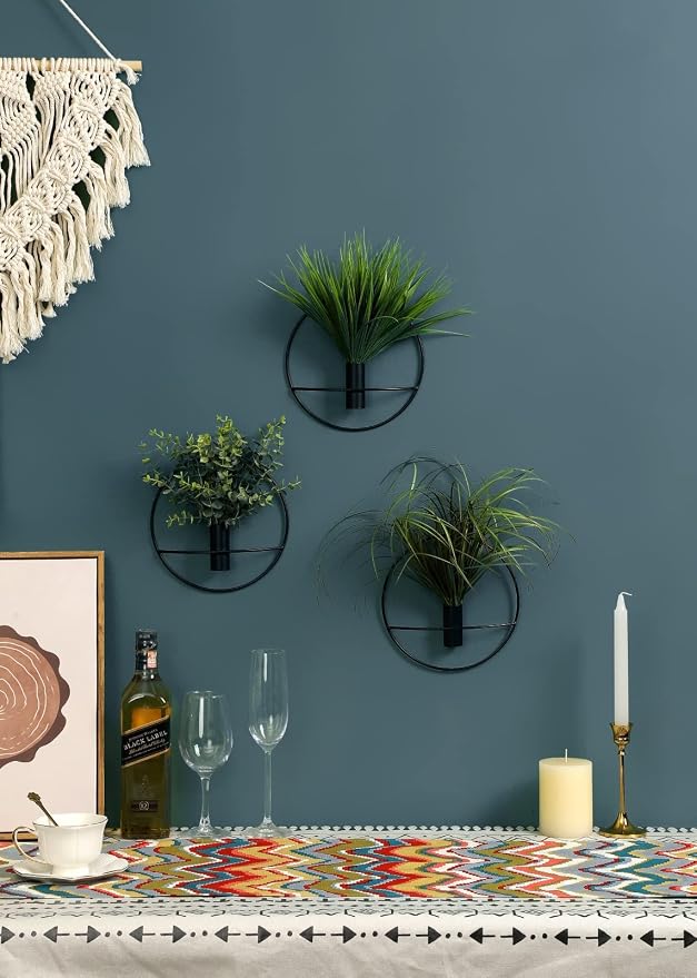 Pretty Jolly Boho Pampas Wall Decor Black Metal Wall-Mounted Art | Morden Artificial Greenery Display，2 Pack Eucalyptus Hanging Planter For Living Room, Bedroom, Bathroom, Dining room