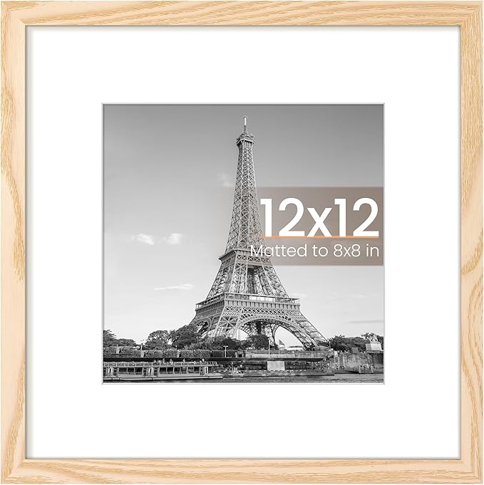 upsimples 12x12 Picture Frame, Display Pictures 8x8 with Mat or 12 x 12 Without, Wall Hanging Square Frames, Natural Style, 1 Pack