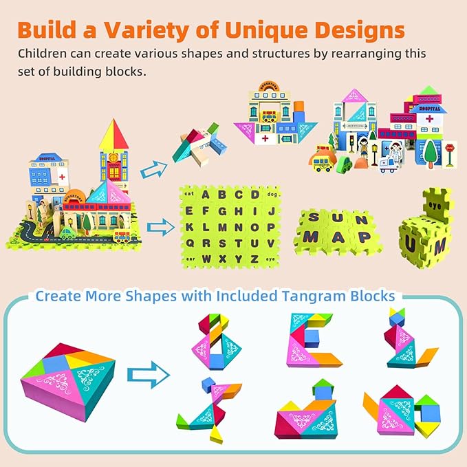 City Street View Foam Building Blocks Set for 2-4 Years Old, Town Construction Soft Stacking Blocks with Alphabet Letters Puzzle Playmat, Educational Learning Gifts for Kids 18+ Months