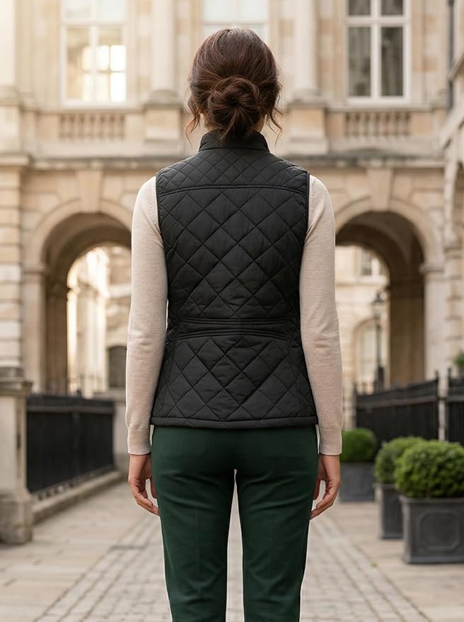 Fuinloth Women's Quilted Vest Lightweight Puffer Stand Collar Zip Gilet | 4 pockets with 2 inner storage. Quilted padded warm gilet. Fall winter outerwear layering vest for travel hiking daily wear.