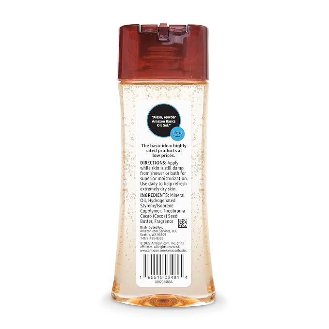 Amazon Basics Body Oil Gel with Cocoa Butter for Very Dry Skin, 6.8 Fl Oz, 4-Pack (Previously Solimo)