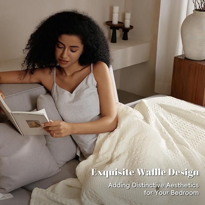 PHF 100% Cotton Waffle Weave Blanket King Size, Lightweight Breathable Summer Blanket for Hot Sleepers, Pre-Washed Soft Layer for Bed, Couch, Home Decor Gift, 108"x90", Cannoli Cream