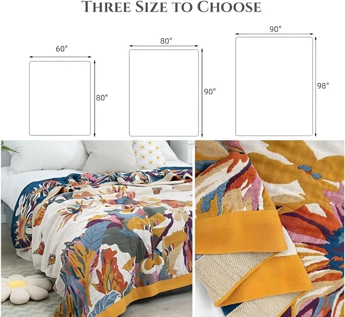 Boho Throw Blanket for Bed 100% Cotton Bohemian Blankets Ultra Soft Woven Muslin Decorative Blankets All Seasons Vintage Quilt Knitted Blanket for Sofa Chair(Yellow, 90"x98")