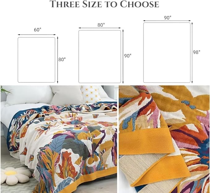 Boho Throw Blanket for Bed 100% Cotton Bohemian Blankets Ultra Soft Woven Muslin Decorative Blankets All Seasons Vintage Quilt Knitted Blanket for Sofa Chair(Yellow, 50"x60")