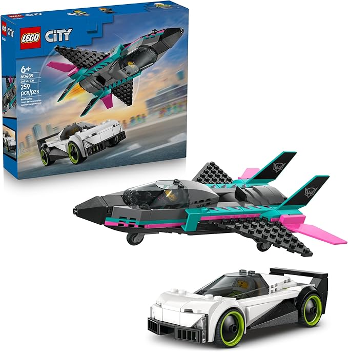LEGO City Jet vs. Car Building Toys for Kids - Vehicle Sets for Boys & Girls, Ages 6+ - Gift for Birthdays - Toy Car & Jet W/Driver & Pilot Minifigures - 60489