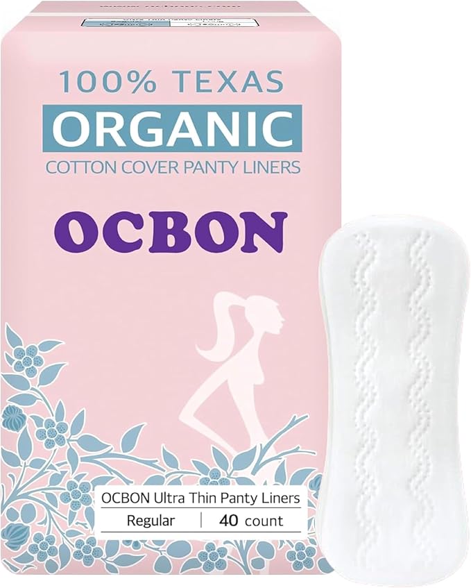 OCBON Ultra Thin Sanitary Pantyliners (Regular, 6.1 inch, 40 Counts) - Ultra Thin, Unscented 100% Organic Cotton Panty Liners for Women. Chemical-Free, Extra Soft, Ideal for Sensitive Skin