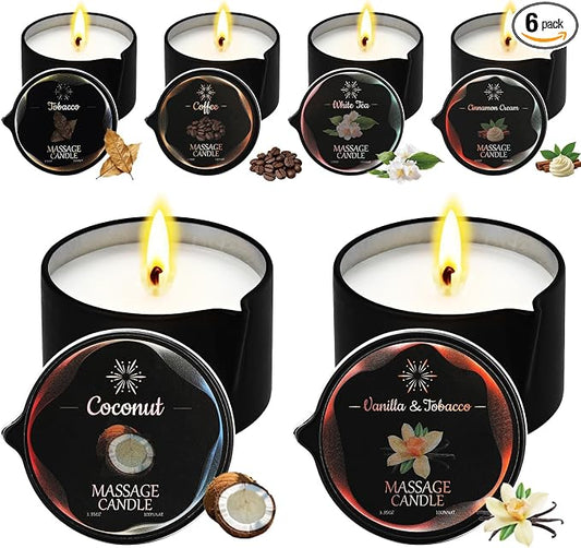 6 Pack Low Temperature Massage Candle & Lotion Candle Set, Soy Wax with Jojoba & Shea Butter, Melts into Moisturizing Skin Oil for Home Spa & Relaxation, 2.35 oz - 6 Scents