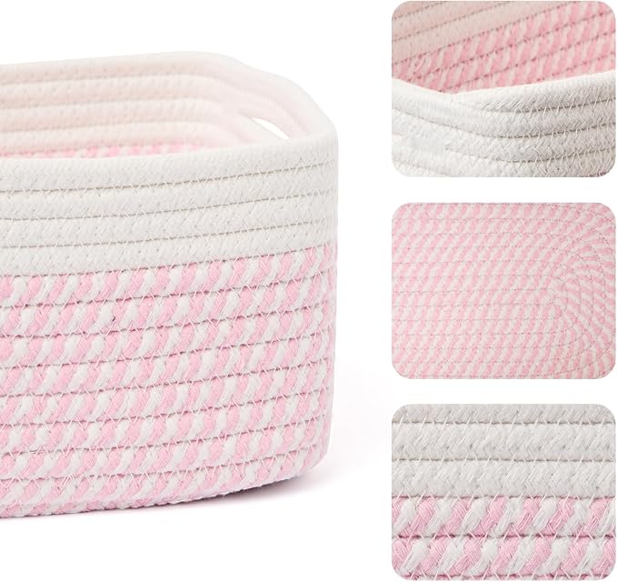 MiniArk Small Storage Baskets for Organizing | Closet Organizer Bins | Shelf Toy Basket | Woven Rope Baskets | Cube Decorative Box | Shallow Basket | 13x8.5x5.1” | 3 Packs White Pink