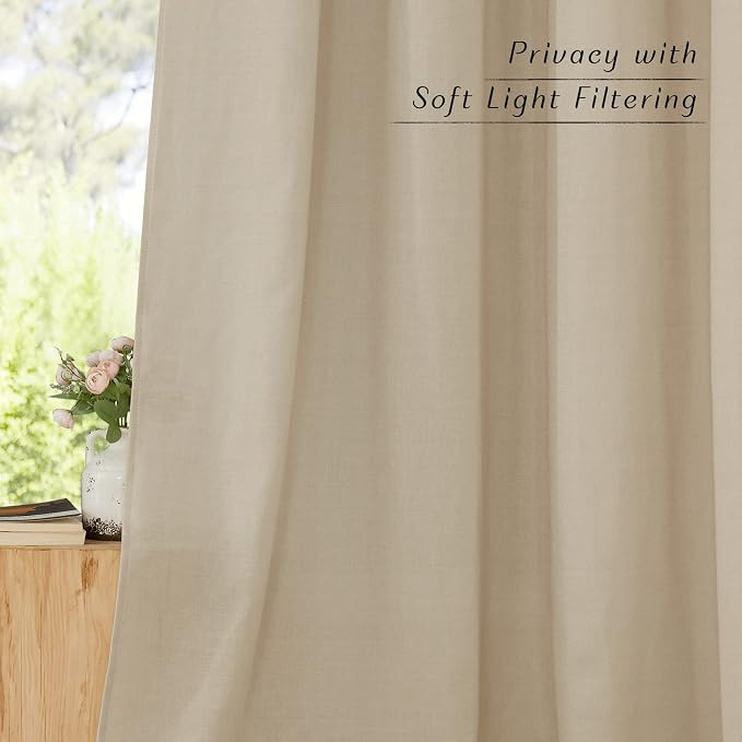 NICETOWN Linen Curtains for Windows 90 inch Long, Grommet Semi Sheer Vertical Drapes Privacy Added with Light Filtering for Doorway/Living Room, Angora, W42 x L90, 2 Pieces