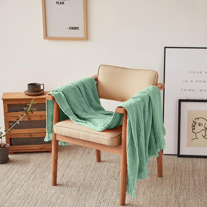 Simple&Opulence Cotton Muslin Throw Blanket for Bed, Couch, Knit Woven Gauze Blanket with Tassels, Soft Lightweight Cozy Pre-Washed Breathable Farmhouse Decoration for All-Season (Mint Green)