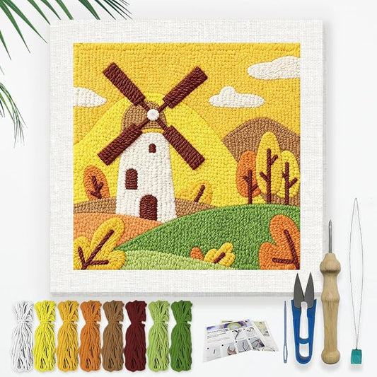 Doodlream Windmill Landscapes DIY Punch Needle Embroidery Kit for Adult Beginner, 9.4" Fall Tree Punch Stitching Craft Set for Starter with Frame,Fabric Pattern,Threader, Yarn, Pinch Needle