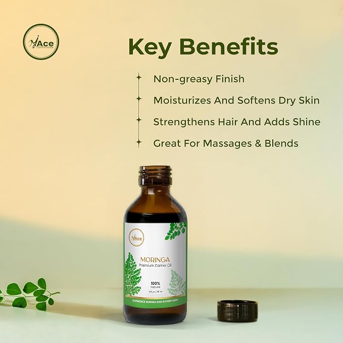 My Ace Moringa Carrier Oil 4 Fl Oz - 100% Pure & Natural - Premium Grade, Cold Pressed Unrefined for Skin & Face Care, Hair Growth, Facial & Body Massage, Scalp Treatment, Stretch Marks & Aromatherapy