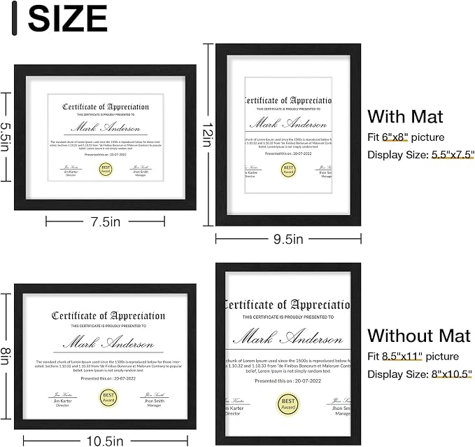 Vittanly 8.5x11 Picture Frames Set of 9, Shatter Resistant Plexiglass, Display 6x8 Pictures with Mat or 8.5x11 without Mat, Photo Frames for Wall or Tabletop, Engineered Wood, Black