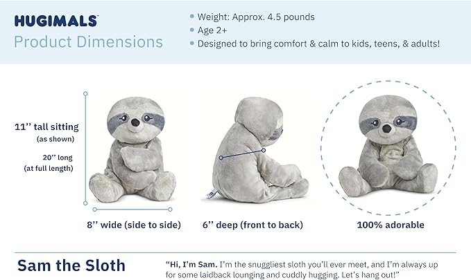 Sam The Sloth 20 Inch 4.5 lb Heavy Cute Sensory Weighted Comfort Plush | Large Unscented Washable Self Care Calming Stuffed Animal for Kids, Teens and Adults