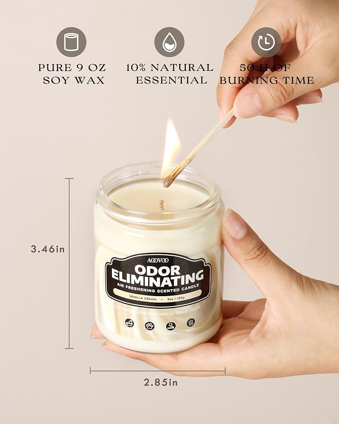 AOOVOO Vanilla Cream Odor Eliminating Highly Fragranced Candle - Eliminates 95% of Pet, Smoke, Food, and Other Smells Quickly, Non Toxic Air Freshing Soy Candle, Up to 50 Hours Burn time