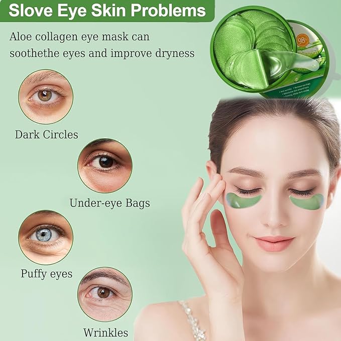 Under Eye Patches for Puffy Eyes and Dark Circles – 60 PCS Aloe Vera Under Eye Mask with Pure Natural Extracts to Combat Puffiness, Fine Lines, Wrinkles, and Bags, Parches Para Ojeras Y Bolsas