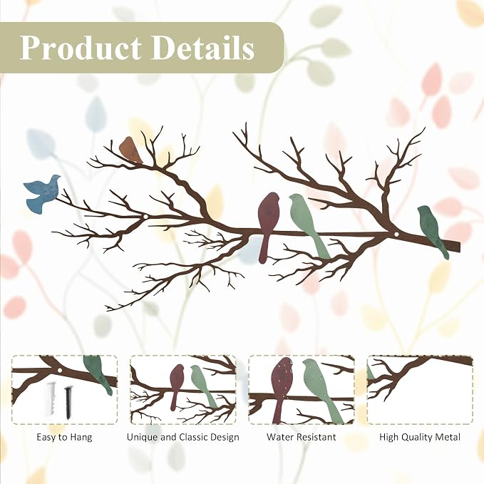 ESTART Metal Birds Wall Art, Metal Vivid Birds on Branch Silhouette Wall Decor Leaves with Bird Outdoor Hanging Wall Sculpture for Home Living room Bedroom Balcony Garden (Colorful, Small)