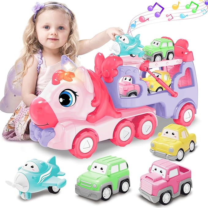 Toys for 3 Year Old Girl, 5-in-1 Unicorn Toys Carrier Truck Toy Cars with Light & Sound,Girl Toddler Toys Age 3-5, 3 4 5 Year Old Birthday Gifts