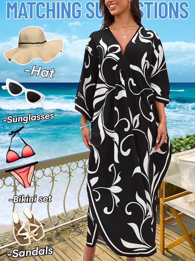 ChiaoLezhee Print Moo-Moos for Women, Kaftan Cover-Up Dresses, Sexy V-Neck High-Slit, Beach Pool-Party Coverups Muumuu Plus
