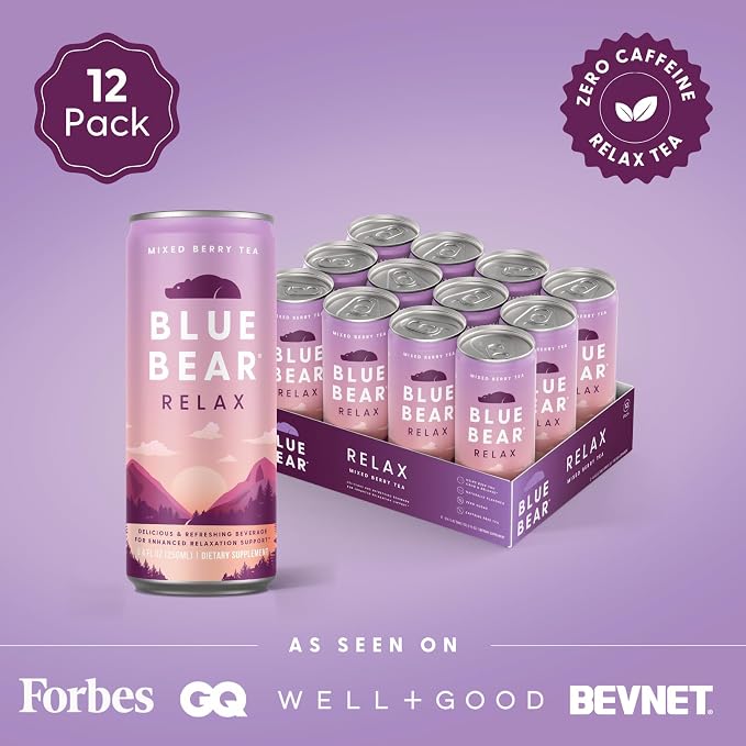 Blue Bear Relax Adaptogen Drink, Ready-to-Drink Mixed Berry Tea, Calming & Relaxation Beverage for Stress Relief, Nootropics & Botanicals, Caffeine-Free, Zero Sugar, 8.4 Fl Oz (12 Pack)