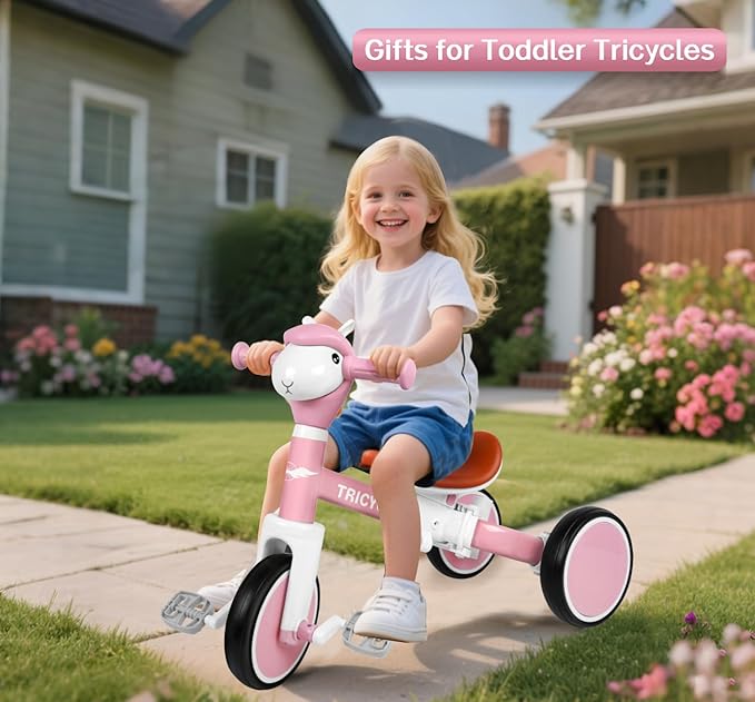 5-in-1 Toddler Tricycle with Lights & Music, Adjustable Push Kids Bike for 1-5 Year Olds, Toddler Balance Bike & Tricycle for Boys & Girls, Birthday Gift for 1 2 3 4 5 Year Old Kids (Pink)