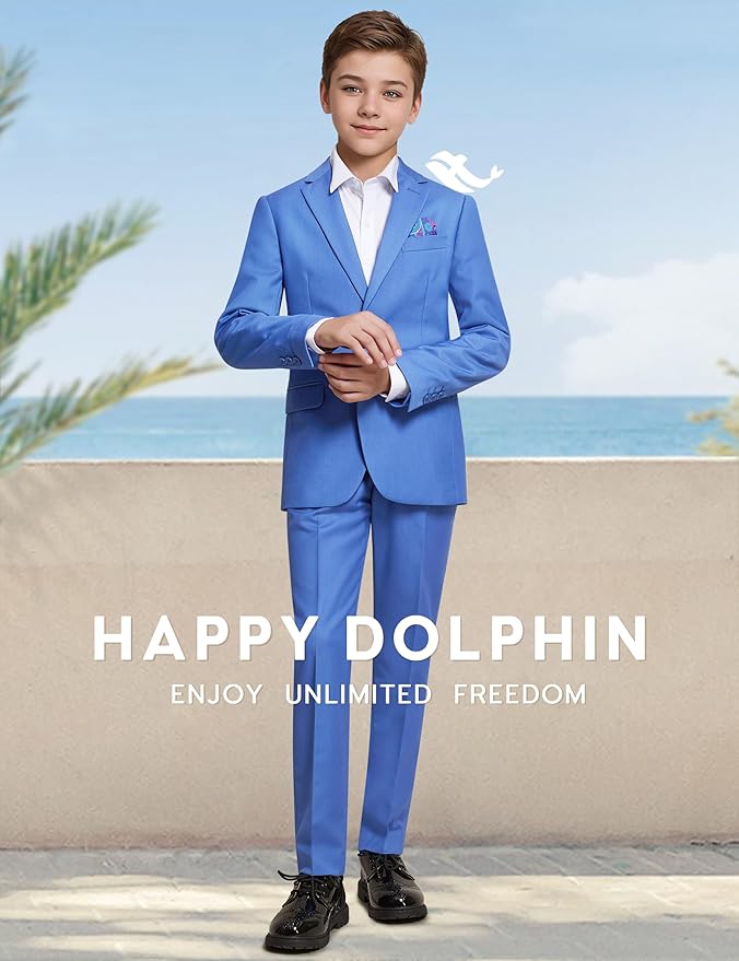 Happy Dolphin Boys Suit Set Modern Fit Kids Suits Adjustable Waist Boys Wedding Outfit for Boy Communion Suits for Boys