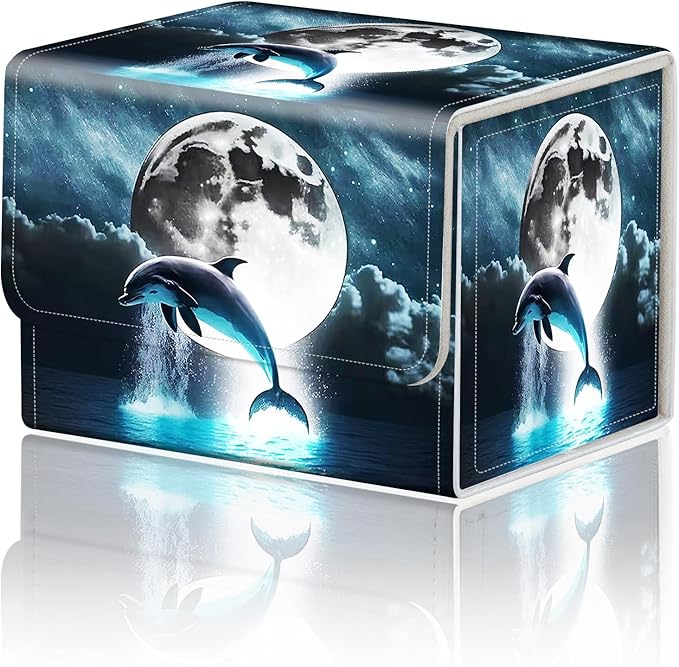 DEGDFSGR Card Game Storage Box forTCG MTG Deck Box Organizer Trading Case TCG Card Storage Box Magnetic Closure Creative Pattern Up to 200 Cards, Dolphin Moon Night