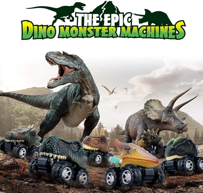 DINOBROS Pull Back Dinosaur Car Toys 4 Pack Dino Toys for 3 Year Old Boys and Toddlers T-Rex Dinosaur Games Monster Trucks