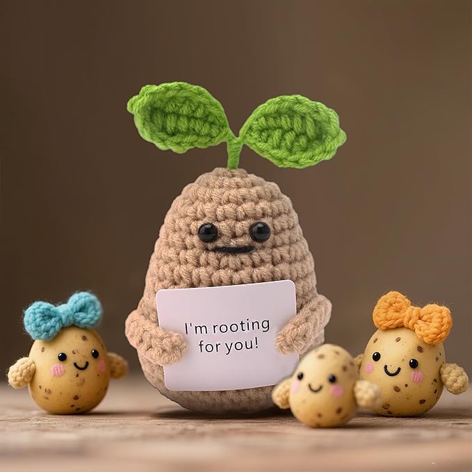 Crochet Potato Plush with Positive Message, Emotional Support Stuffed Animal for Desk Decor, Handmade Tiny Friend with Inspirational Card, Funny Gifts for Women Office Accessories, 1 Pack