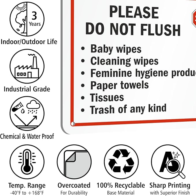 SmartSign 2-Pack 'Please Do Not Flush Wipes/Feminine Hygiene Products/Paper Towels/Tissues/Trash' Bathroom Sign with Funny STOP Symbol - 7" x 10", 55 mil HDPE Plastic, Red/Black/White, USA-Made