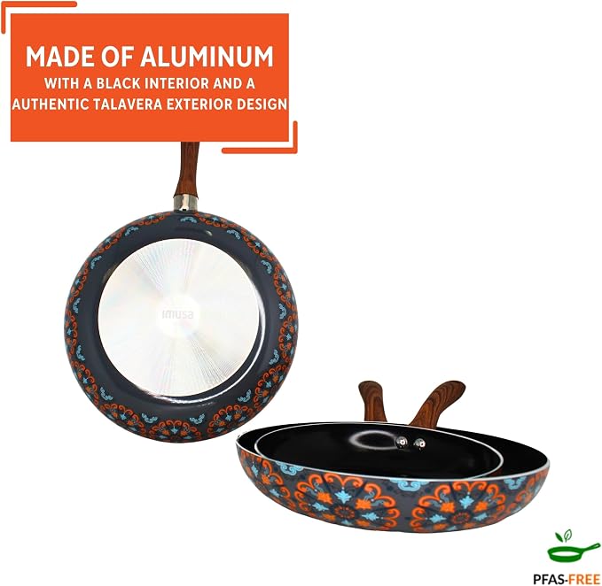 IMUSA 3 Piece 7, 9 & 11 Inch Talavera Aluminum Black Ceramic Fry Pan Set | Nonstick Ceramic Coating, Soft-Touch Handles, Talavera Exterior Design, Ideal for Frying and Sautéing