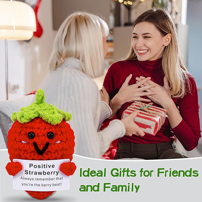 Hoedia Handmade Emotional Pickle Gift, Cucumber Crochet Doll Inspirational Gifts with Cards, Cute Knitted Funny Support Pickle Potato Friend Birthday (Emotional Strawberry)