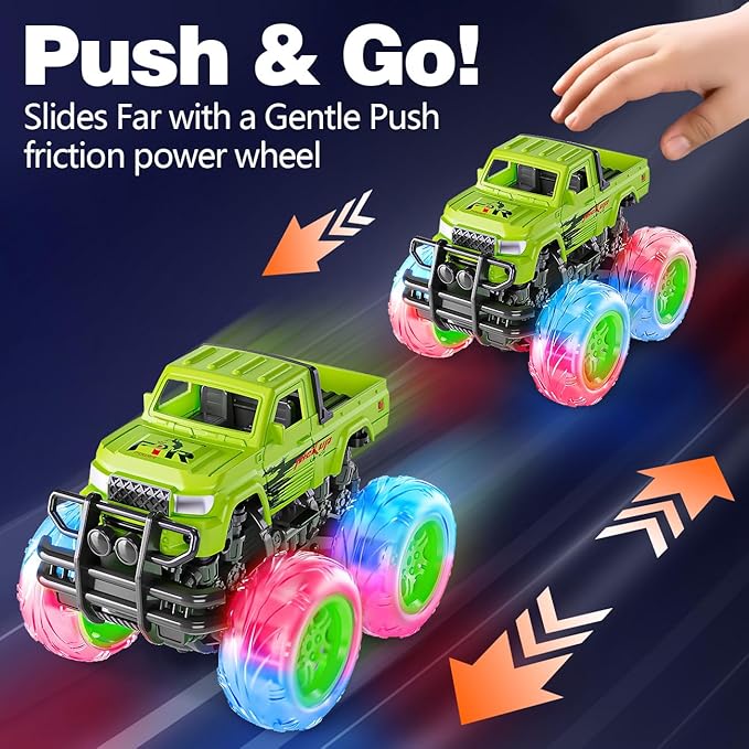 LODBY Monster Trucks Toys for Toddlers, Light-Up Trucks & Cars Toys for 2 3 4 5 6 Year Old Boy Christmas Birthday Gifts, Kids Push and Go Cars with Flashing Wheels (2 Pack)