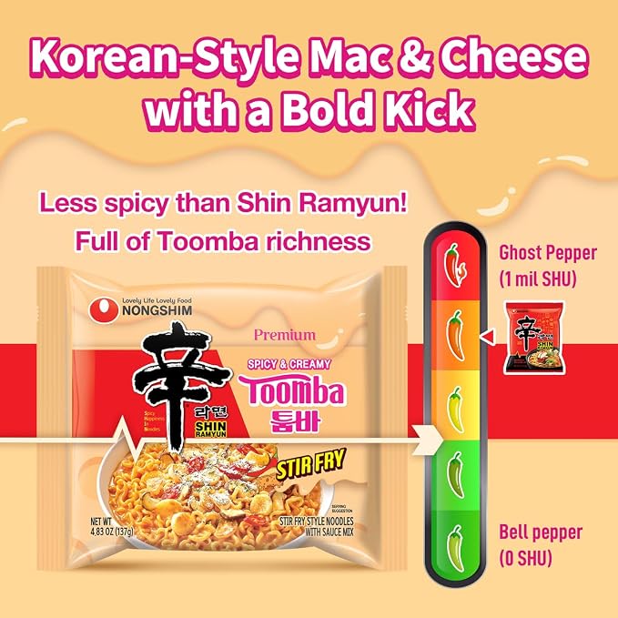 Nongshim Shin Ramyun Toomba Noodles, Creamy Korean Mac and Cheese Style Noodles, Gentle Kick of Spice, Korean Stir Fry Style Instant Noodles, 4.83 oz (Pack of 4), Packaging May Vary.