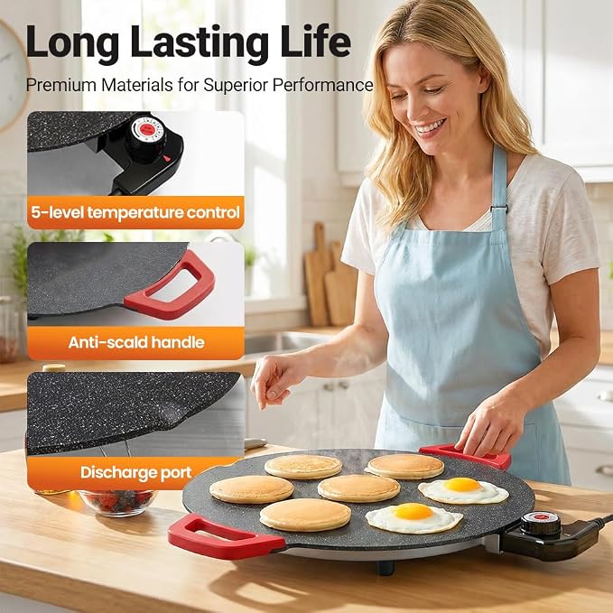 Non-Stick Electric Indoor Grill Pan, 2026 Upgraded Indoor Grills Electric Smokeless, Large Round Electric Griddle, Portable Electric KoreanBbq Grills, for Steaks, Pancakes, BBQ (12 inch)