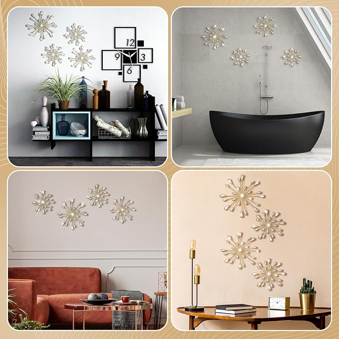 Hicarer 4 Pcs Starburst Wall Decor Bling Wall Art Crystal Teardrop 3D Hanging Rhinestone Radial Metal Artwork Modern Accent Sculptures Decorations for Living Room Home Office Bedroom(Gold)